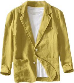 Generic Men's Linen Cotton Blazer buttons Long Sleeve Casual Business Loose Solid Color Suit Jackets Large Yellow