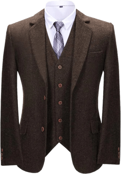 Men's Suits Set Regular Fit 3 Piece Business Jacket Herringbone Wool Tweed Prom Tuxedos Blazer 50 Coffee