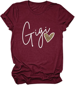 FORHVIPS Funny Grandma Shirts Gigi Leopard Graphic Tees for Womens Short Sleeve Letter T Shirt Gigi Gifts XX-Large Wine Red