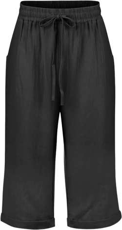 Women's Cotton Linen Bermuda Shorts Knee Length Summer Casual Straight Cropped Trousers Lightweight Beach Capri Pant A-solid-black Large