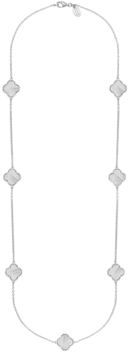 18ct White Gold White Mother of Pearl Bloom Four Leaf Clover Ball Edge Long Necklace