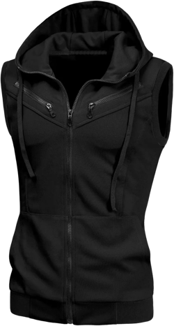 uxcell Men's Sleeveless Slim Fit Hoodie Vest Zipper Drawstring Gilet Jacket with Pockets 38 Black