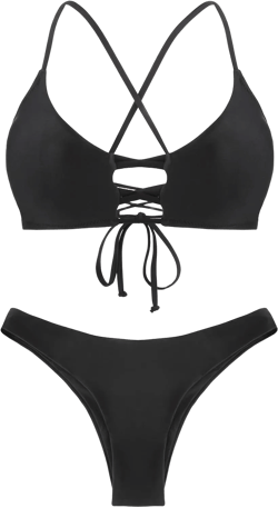 RELLECIGA Womens Bikini Lace Up Cheeky Brazilian Bikini Sets Low-Rise Swimsuits Medium Black