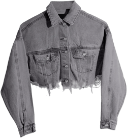 HTD Women's Cropped Jean Jacket Button Up Long Sleeve Ripped Distressed Denim Jacket Frayed Hem X-Large Black Gray