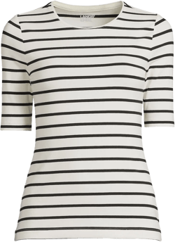 Lands' End Women's Petite Lightweight Jersey Skimming Elbow Sleeve Crew Neck T-shirt - Small - Ivory/Black Breton Stripe