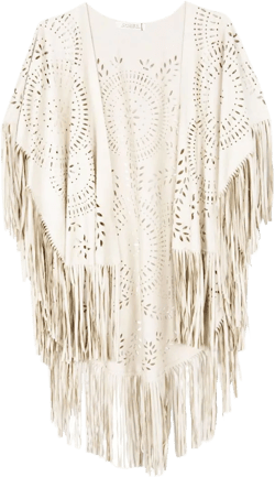 CHOiES record your inspired fashion Women's Suedette Cut Out Asymmetric Fringed Cape Kimono Blue Blouse with Tassel One Size White