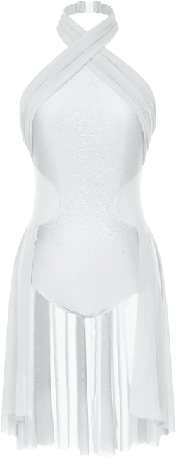 Womens Adult Lyrical Ballet Dance Leotard Flowy Sleeveless Halter Neck Dress Modern Contemporary Dancewear XX-Large Whited