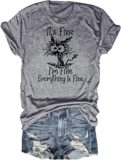 Women's I'm Fine Everything is Fine T-Shirts Short Sleeve Sayings Loose Fit Casual Cute Cat Graphic Tee Blouse Tops Large 00 Light Grey