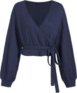 ZAFUL Women's V Neck Sweater Lantern Long Sleeve Pullover Cable Knit Cross Crop Top Casual Tie Wrap Tunic Jumper Blouses 166_navy Blue Medium