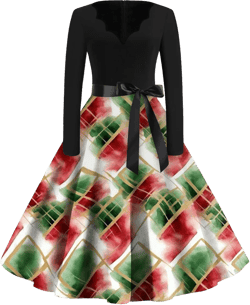 Womens Christmas Dress Long Sleeve Bow Tie Belt V-Neck Evening Prom Dresses 2024 Xmas Vintage Aline Party Dress #12watermelon Red XX-Large