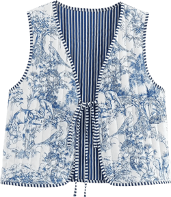 Yimoon Women's Cropped Quilted Vest Floral Printed Puffer Vest Lightweight Sleeveless Tie Front Padded Gilet Outwear Blue Small