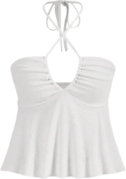 Women Sexy Floral Self Tie Crisscross Halter V Neck Sleeveless Strapless Backless Ruched Ruffle Solid Tube Tank Top Large White