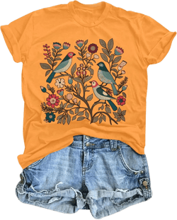 Bird Shirt Women Boho Flower: Watercolor Bird Shirts Nature Animal Gift Floral Graphic Tee Botanical Garden Lover Top