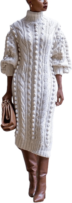 Women's Cable Knit Sweater Midi Dress Turtleneck Long Sleeve Loose Tunic Plus Size Split Sweater Dresses for Fall Medium White