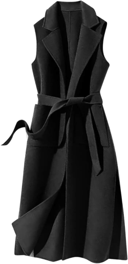 Womens Sleeveless Woolen Windbreaker with Belt Fall/Winter Vest Solid Strap Personality Long Vest Wool Long Overcoat A_black X-Large