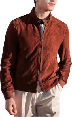 Men's Faux Suede Bomber Jacket Lightweight Casual Full Zip Stand Collar Coat Vintage Casual Solid Trucker Jackets Brown Small