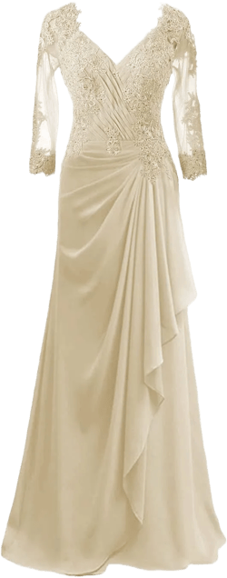 Mother of The Bride Dresses Long Evening Formal Dress Lace Applique Beaded Wedding Guest Dress Ruffle 3/4 Sleeve Women's 6 Champagne