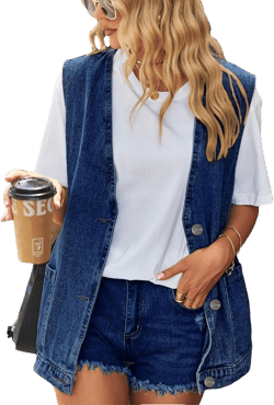 Womens Oversized Sleeveless Jean Denim Jacket Button Down Vest Top for Women Summer Waistcoat Jeans Vests Tops 02 Blue Large
