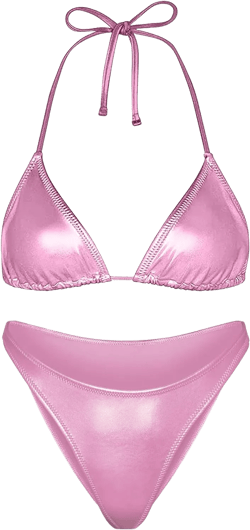 Women Metallic Bikini Swim Sexy Silver Swimsuit Triangle Top and Bottom Set Large Pink