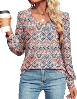 LOMON Womens Long Sleeve Tops Fall V-Neck Blouses Dressy Casual Puff Sleeve Textured T-Shirts Eyelet Tunic A2 Boho Printed Small