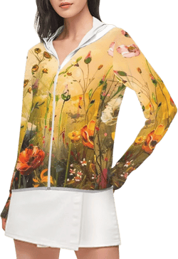 Ystardream Women's Hoodie Zip Front Rash Guard, UPF 50+ Long Sleeve Swim Shirts, UV/SPF Sunscreen Wetsuit Swimsuit Top Large Oil Painting Floral