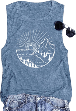 Nature Sunrise Tank Top for Women Summer Hiking Graphic Tops Small Blue