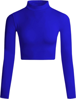 LONGBIDA Women's Long Sleeve Mock Neck Pure Soft Thin Sexy Stretch Crop TOP T Shirt Blue Small