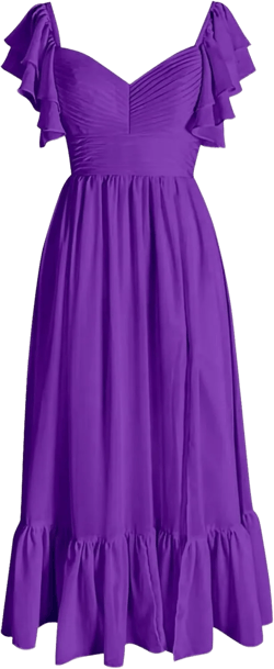 Purple Bridesmaid Dresses for Women with Slit Flutter Sleeves Chiffon Formal Gowns for Wedding Guest with Ruffles Size 2