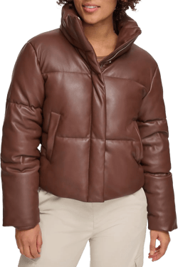 Levi's Women's Vegan Leather Quilted Short Puffer Jacket X-Large Chocolate Brown
