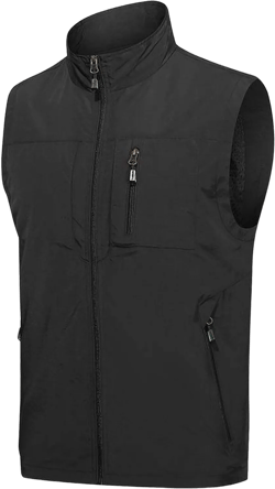 Men's Softshell Vest Outerwear Windproof Sleeveless Lightweight Jacket Casual Full Zip Pockets Coat for Golf Running Hiking Large Black