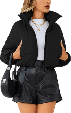 Lumister Womens Lightweight Quilted Jacket Long Sleeve Stand Collar Zipper Cropped Puffer Jacket Coat Medium Black