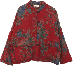 LUZU JUNU Women's Quilted Short Jacket Peony Floral Printed Long Sleeve Lightweight Warm Tops Chinese Coat