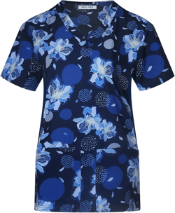 Minty Mint Women's Comfortable Easy Fit Lightweight Durable Stretch Printed V-Neck Medical Scrub Top Small Navy Blue Floral