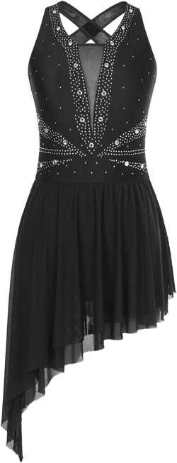 iiniim Womens Shiny Rhinestone Sheer Mesh Figure Ice Skating Dress Keyhole Back Lyrical Dance Costume X-Large B05