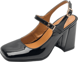 Womens Slingback Mary Jane Pumps High Heels Closed Toe Chunky Heel Ankle Strap Patent Leather Block Heel Square Toe Dress Shoes 12.5 Black