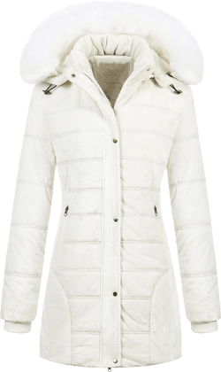 Chrisuno Women's Warm Winter Coat Velvet Puffer Jacket Quilted Faux Fur Hood Medium Cream White