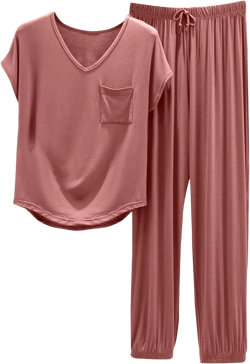 Lastesso Womens Pajama Sets Soft Cotton V Neck Short Sleeve Loungewear Tops with Long Wide Leg Lightweight Sleepwear Sets Pink #4 Medium