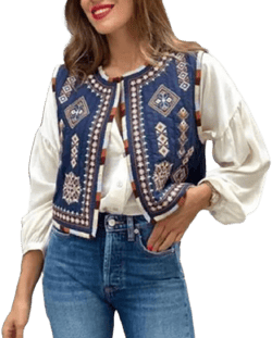 NUFIWI Y2K Floral Embroidered Cropped Vest for Women Vintage Sleeveless Open Front Waistcoat Printed Cardigan Vest Blouse Vintage Dark Blue X-Small