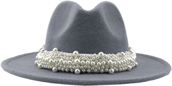 Miyaomn Women's Vintage Pearl Band Wool Fedora Hat Female Trendy Comfy Wide Brim Felt Ladies Classic Trilby Floppy Panama Hat Large Grey