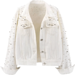 LifeShe Women's Pearls Denim Jacket Cropped Rhinestones Jean Jacket Coat XX-Large White