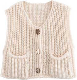 Womens Fashion Casual Chunky Sweater Vest Sleeveless Button Down Knit Crop Top Open Front Cardigan with Pockets Beige Large