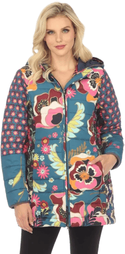 Johnny Was Hazel Mixed Print Zip Front Hooded Puffer Jacket Boho Chic C49223