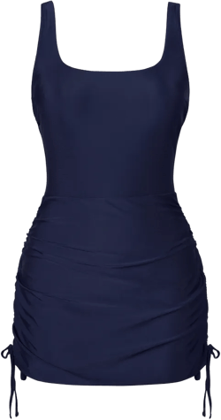 Women's Ruched Square Neckline Shirred Drawstring One-Piece Swim Dress -Cupshe-M-Blue