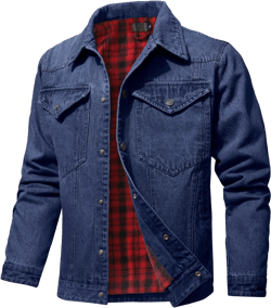 Men's Denim Jacket with Flannel Lined Jean Jackets for Winter Vintage Cowboy Cut Snap Closure Classic Heavy Duty Navy Blue Large