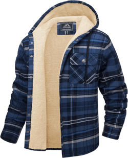 CRYSULLY Men's Flannel Jackets Cotton Lightweight Fleece Lined Plaid Shirts Winter Soft Warm Button Coats with Hood for Men Blue Grey X-Large