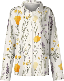 Hawaiian Shirts for Women Hawaii Boho Floral Tropic Print Blouses Trendy Casual Loose Fit Long Sleeve Button Up Tops Beige Small