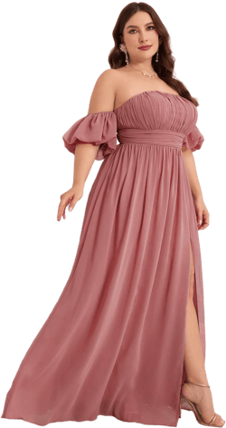Plus Size Women Lantern Sleeve Pleated Wrap Chest Chiffon High Slit Maxi Evening Dress