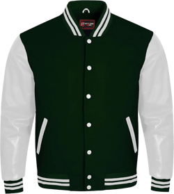 Men's Varsity Letterman Jacket - Wool Body & Leather Sleeves Classic Bomber for Sports & School Large Forest Green-white