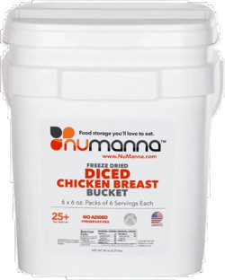 NuManna Diced Chicken Breast Bucket, 36 Servings - Emergency Survival Food Storage Kit, Separate Rations, in a Bucket, 25 Plus Year Shelf Life, GMO-Free