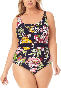 Anne Cole TROPICAL BLOOM MULTI Plus Size Printed Belt One-Piece Swimsuit, US 16